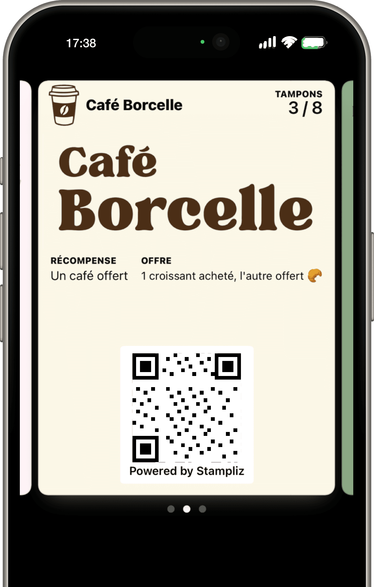 An iPhone seen from the front. In Apple Wallet, the Café Borcelle loyalty card: three stamps out of eight, a free coffee as the reward, an offer of one croissant free when another is bought, and the code to show at the counter.